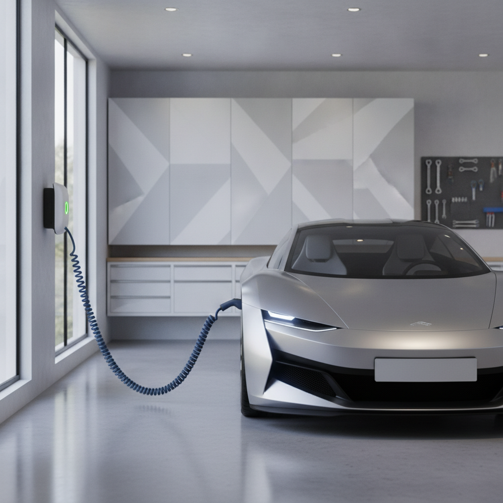 Une voiture électrique branchée à une borne de recharge murale (wallbox) dans un garage résidentiel, illustrant la facilité de la recharge à domicile.