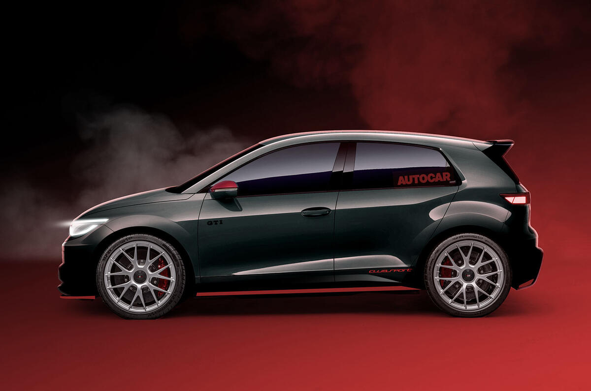 Une Volkswagen ID.Polo GTI Clubsport rouge en mouvement sur une piste de course, vue de côté, avec un arrière-plan flou pour accentuer la vitesse.
