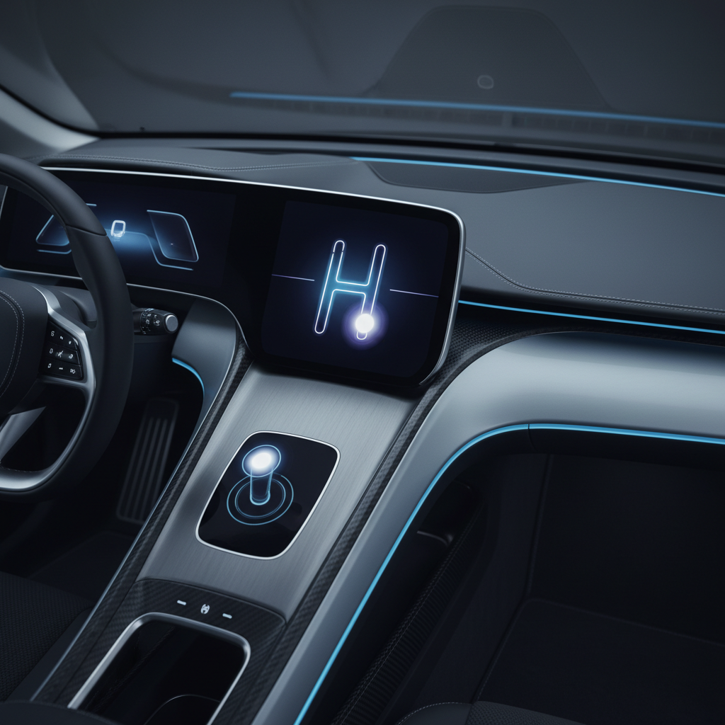Un gros plan sur un tableau de bord de voiture futuriste affichant une interface numérique de boîte de vitesses virtuelle.