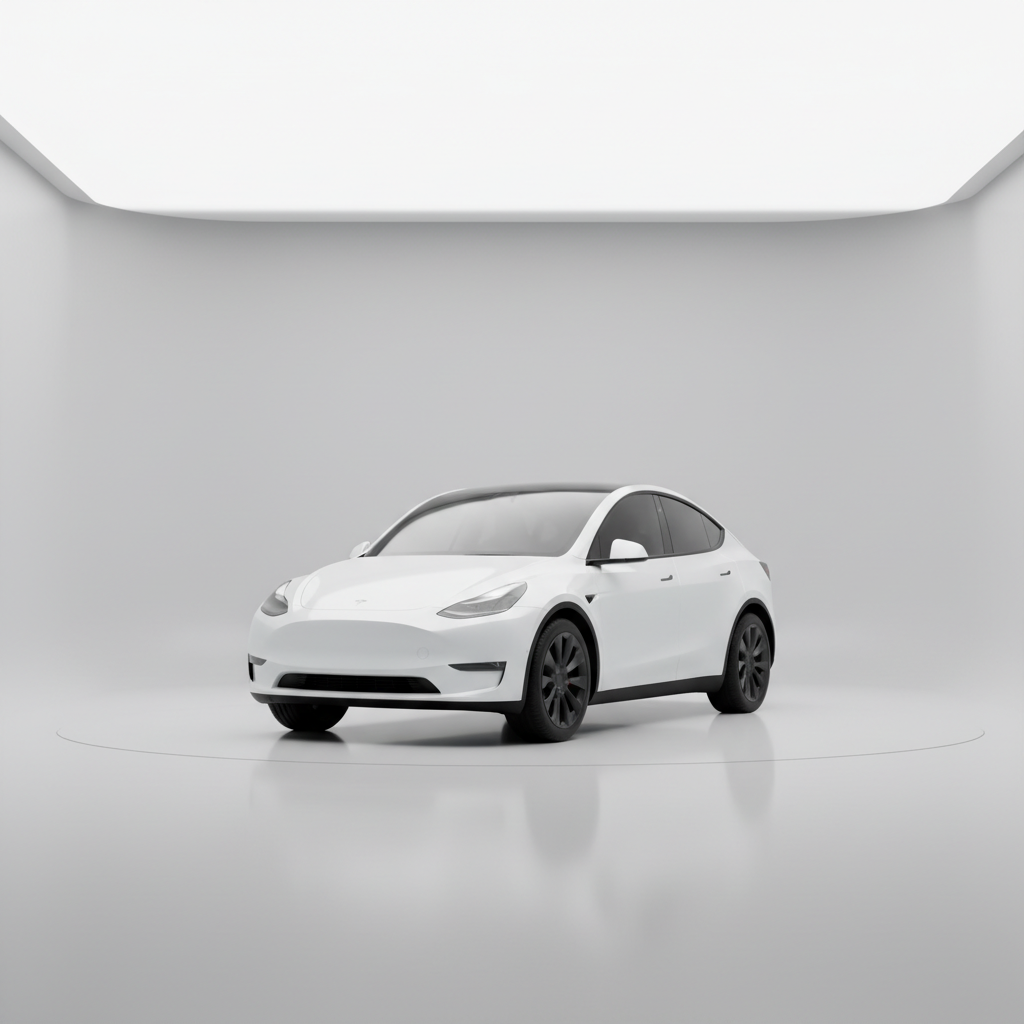 Une Tesla Model Y blanche, neuve et brillante, photographiée dans un studio avec un éclairage doux.