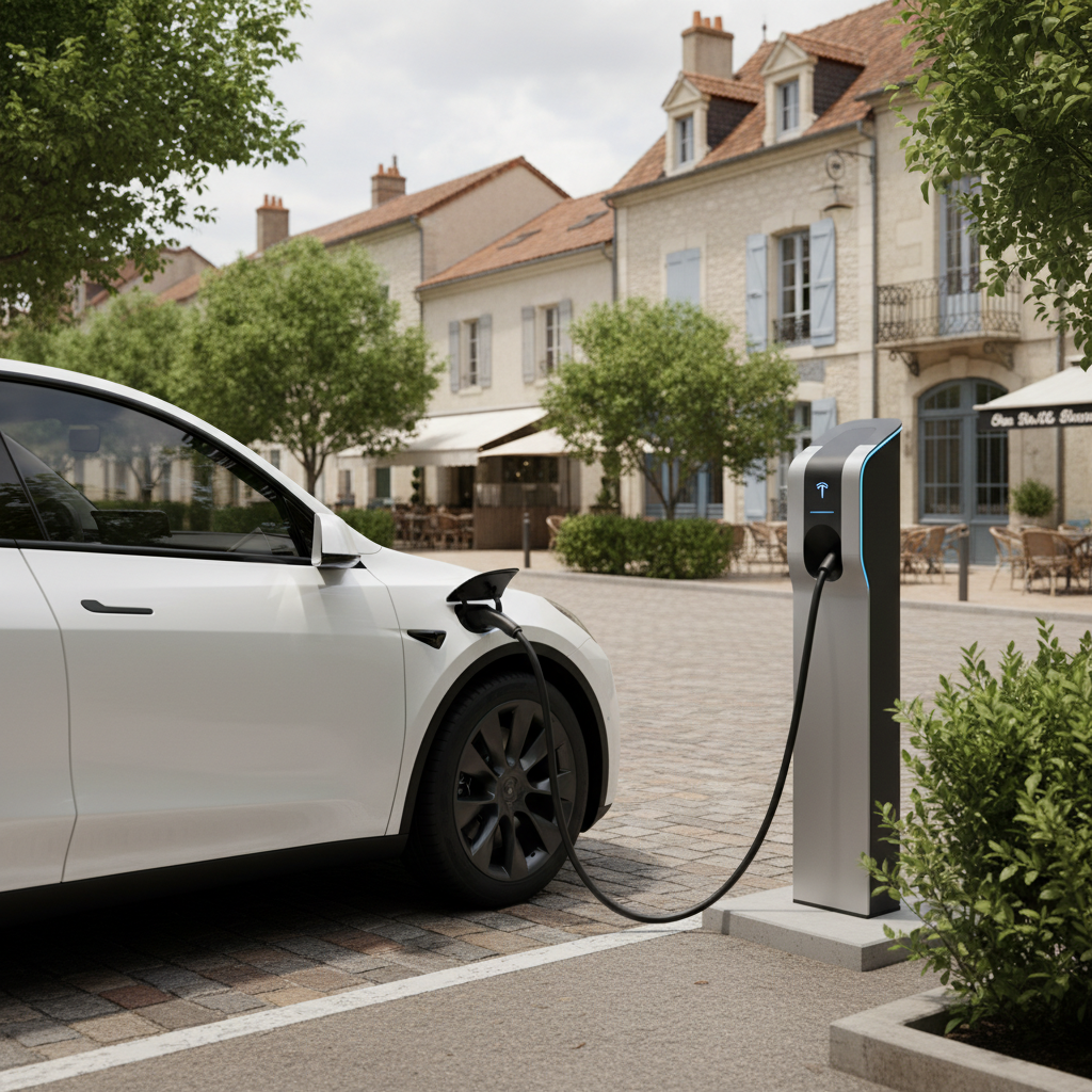 Une Tesla Model Y blanche en train de charger à une borne de recharge électrique en France.