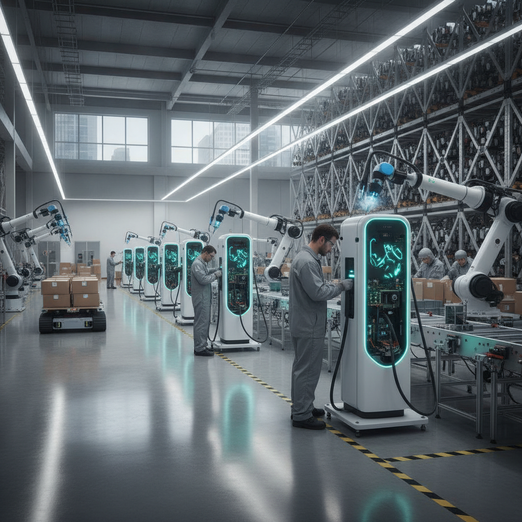 Des ouvriers assemblent des bornes de recharge dans une usine moderne et bien éclairée, avec des machines en arrière-plan.