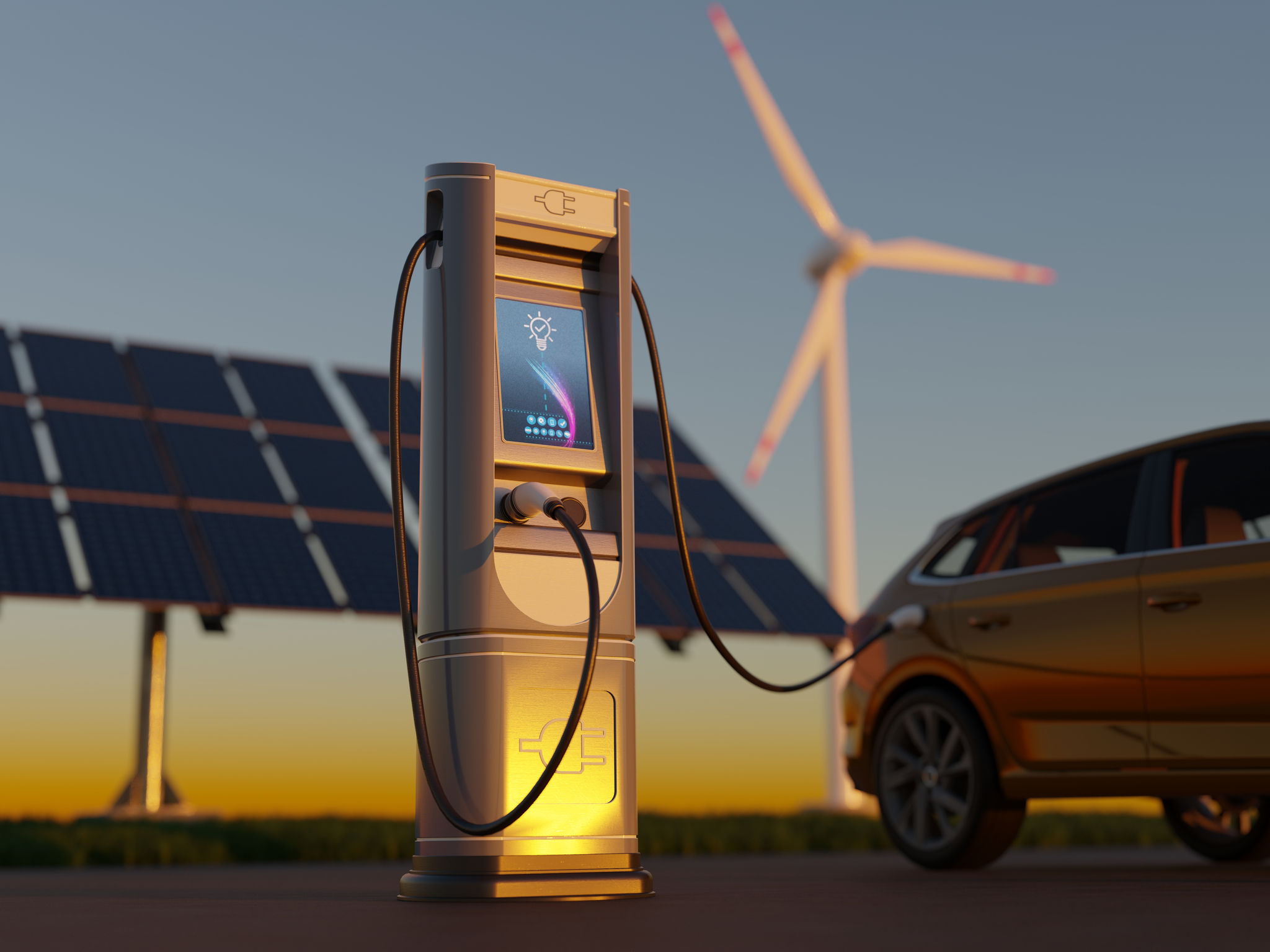 Une borne de recharge pour véhicules électriques avec des panneaux solaires en arrière-plan, suggérant une alimentation en énergie propre.