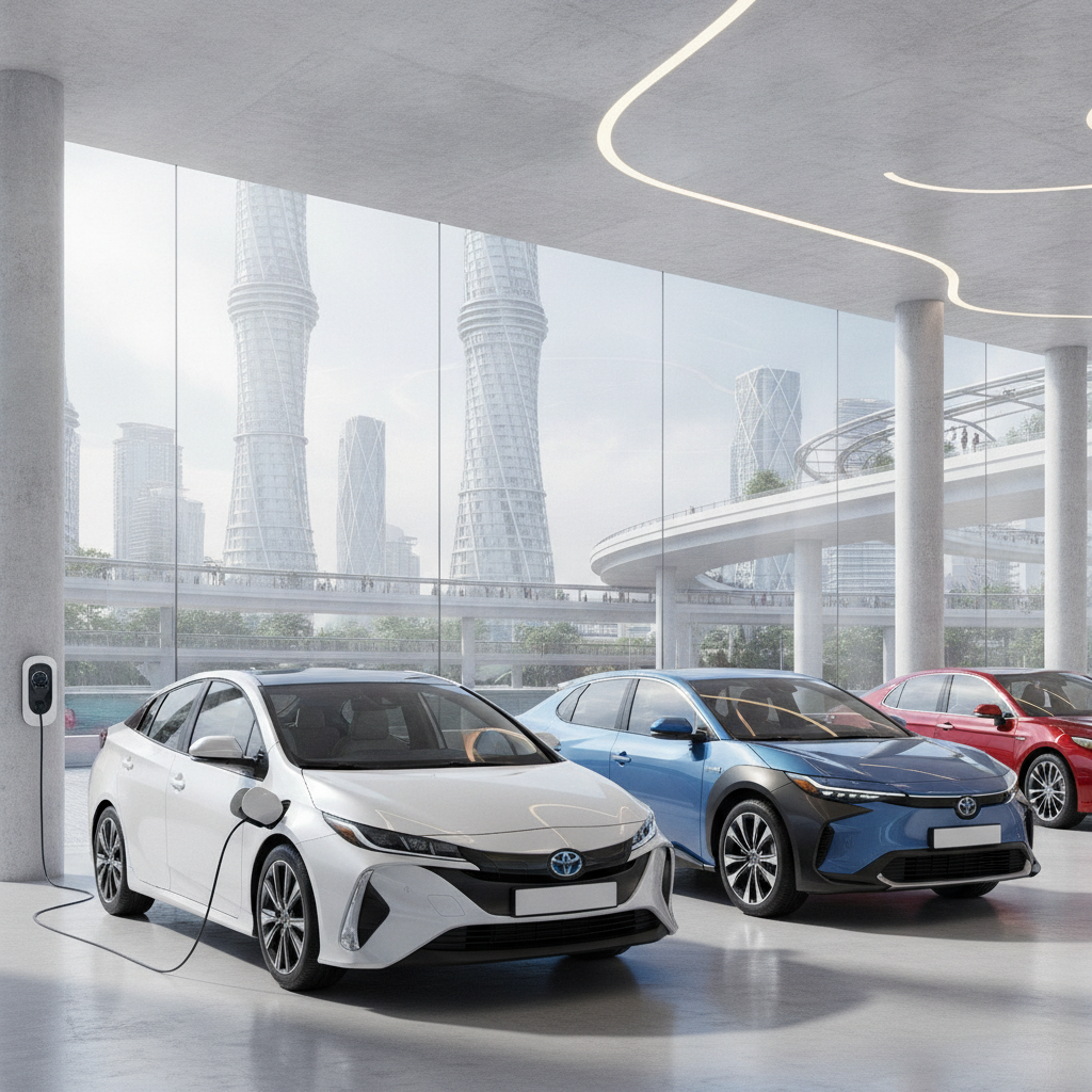 Plusieurs modèles de voitures Toyota, dont une hybride rechargeable, une électrique et une hybride, alignés dans un showroom moderne.