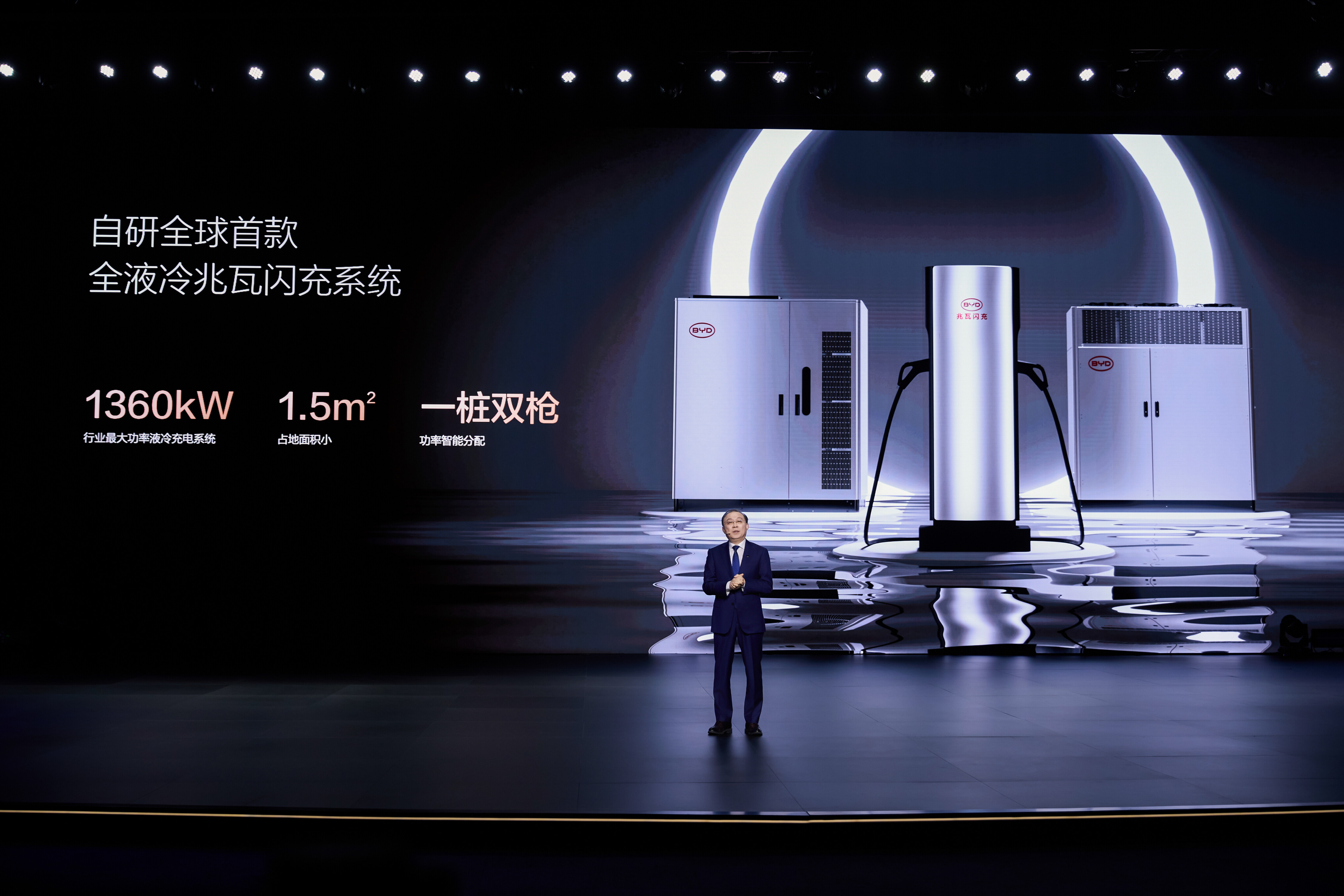 Une station de recharge futuriste de BYD avec une voiture électrique connectée, illustrant la technologie de recharge rapide.