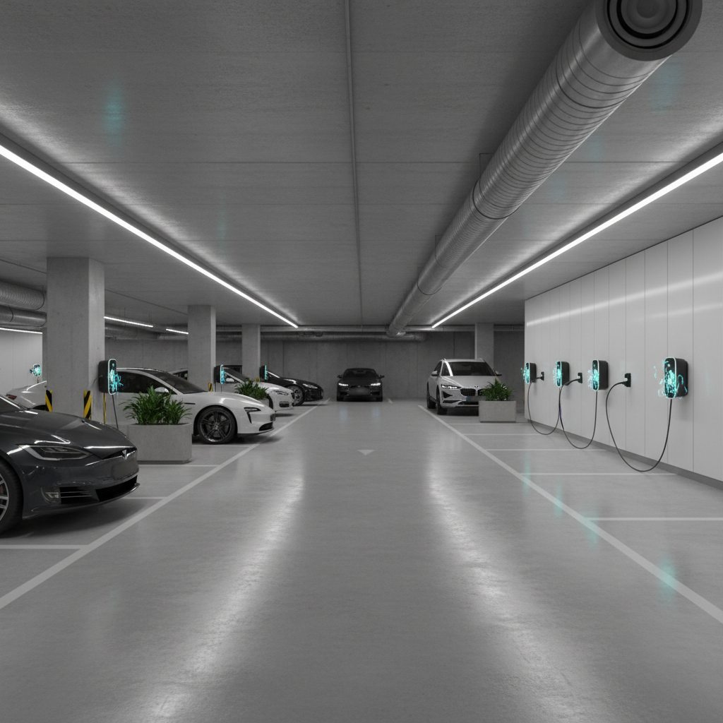 Plusieurs véhicules électriques en charge dans un parking souterrain résidentiel, avec des bornes de recharge individuelles et partagées.