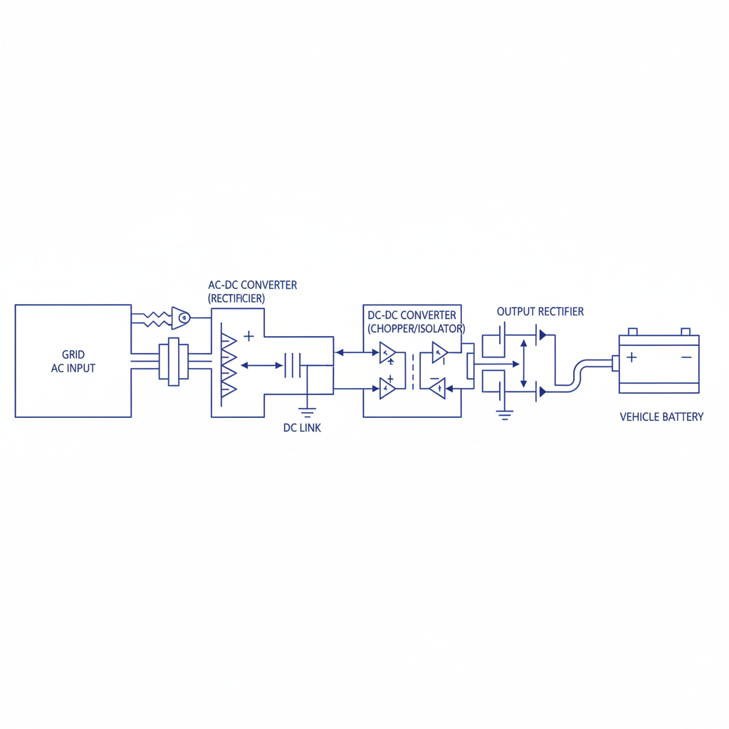 Un schéma technique détaillé montrant le processus de conversion de l'énergie électrique dans une borne de recharge de véhicule électrique.