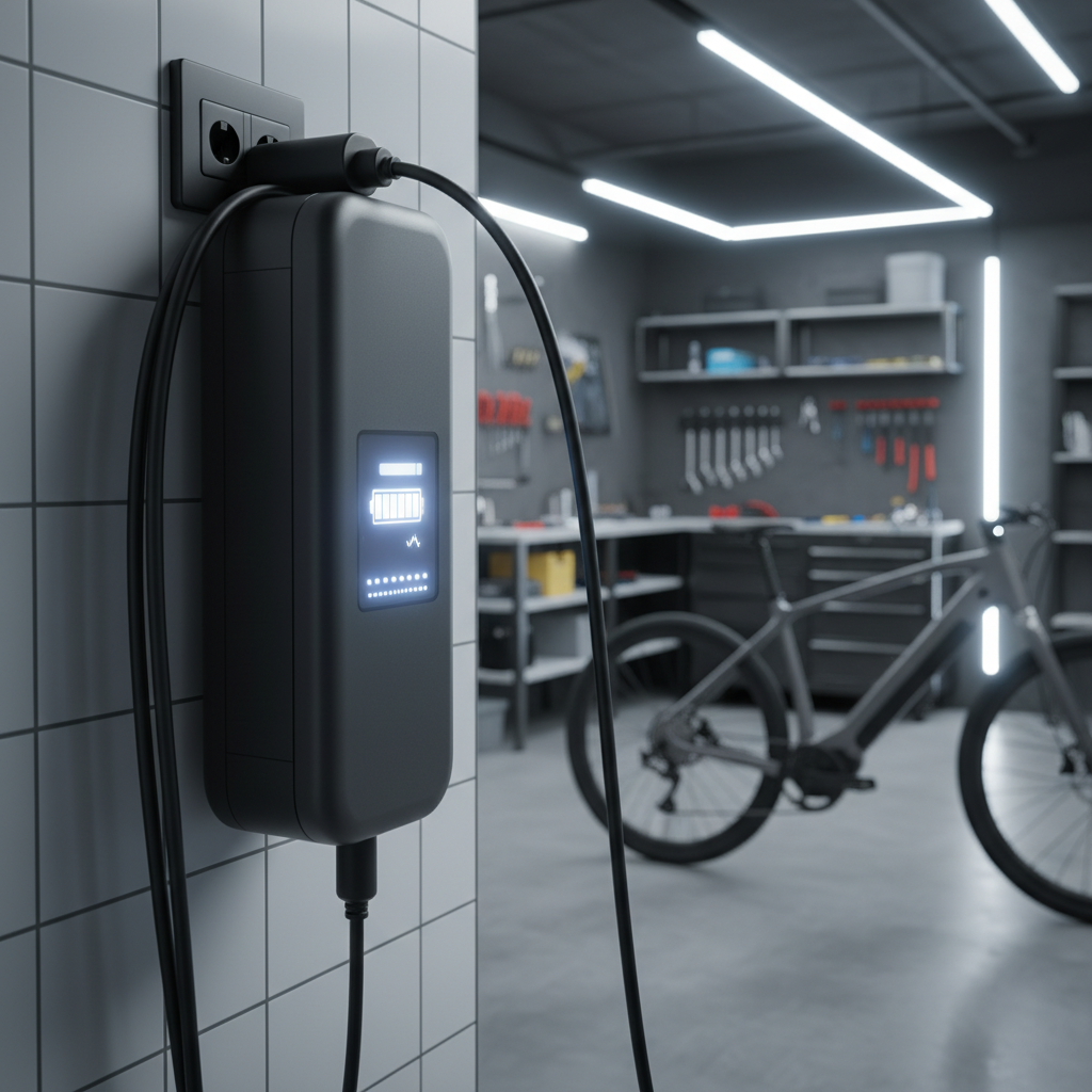 Une batterie de vélo électrique en cours de charge, avec un indicateur de niveau de charge entre 20% et 80%.