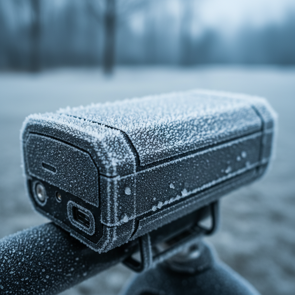 Une batterie de vélo électrique recouverte de givre, illustrant l'impact du froid sur son efficacité.