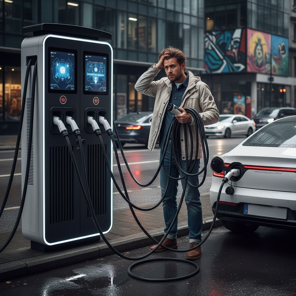 Une personne visiblement frustrée devant une borne de recharge de voiture électrique, illustrant la difficulté d'utilisation.