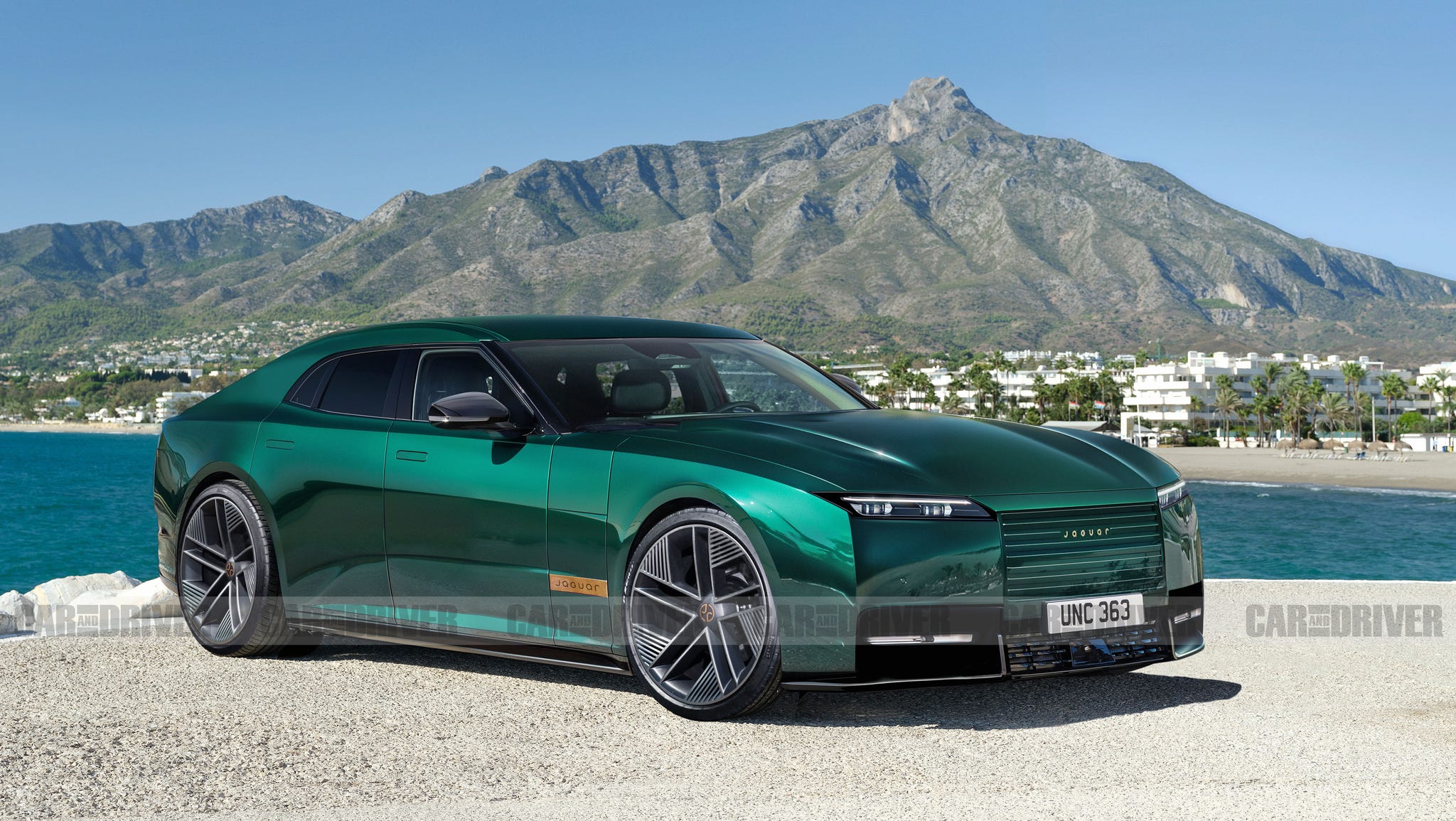 Une Jaguar Type 01 rose vif, futuriste et agressive, avec des lignes sculpturales et des grandes roues, garée dans un environnement moderne.
