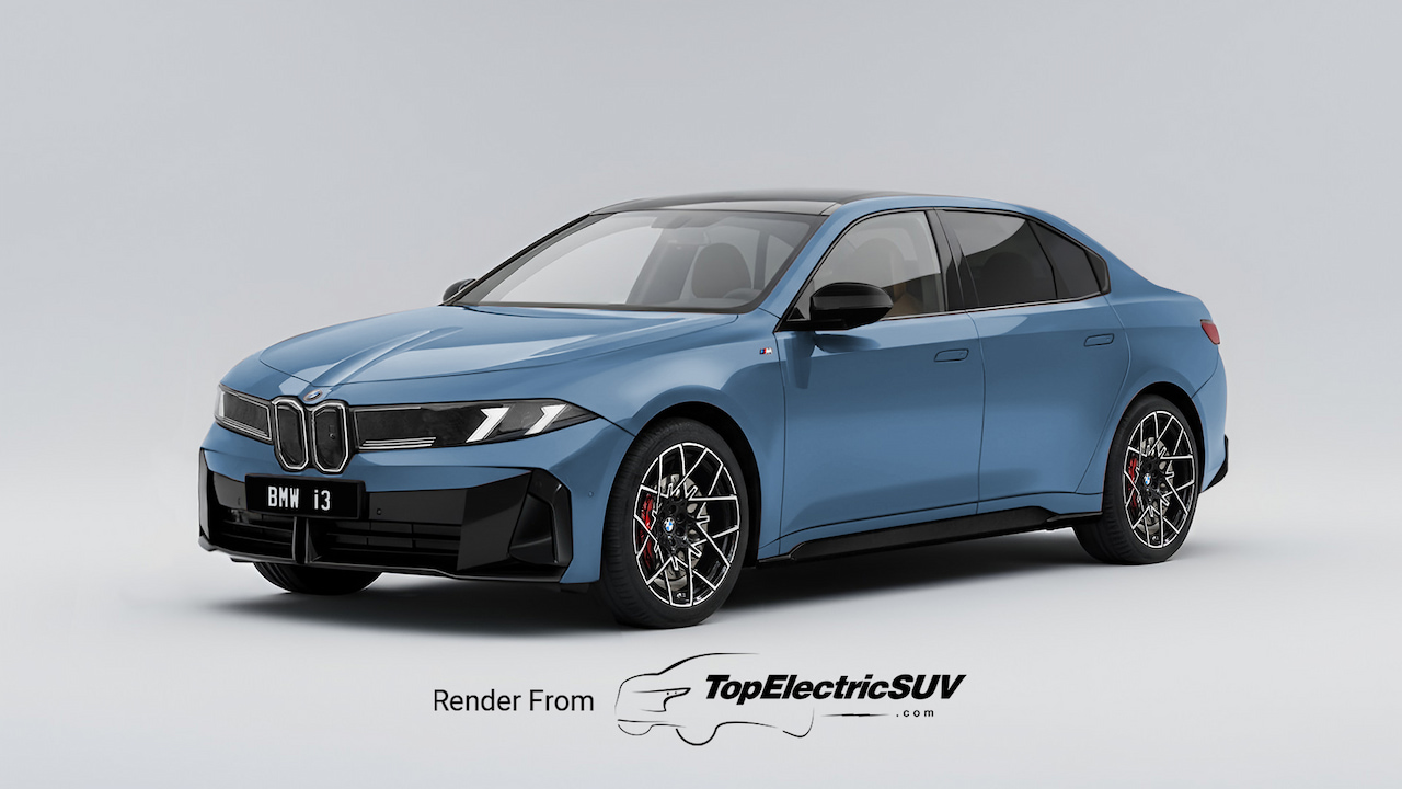 Vue latérale d'une BMW i3 2026 de couleur sombre en mouvement sur une route sinueuse, avec un arrière-plan flou.