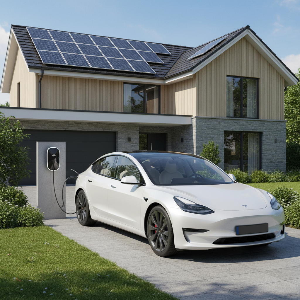 Une voiture électrique blanche est branchée à une borne de recharge devant une maison moderne avec des panneaux solaires sur le toit.