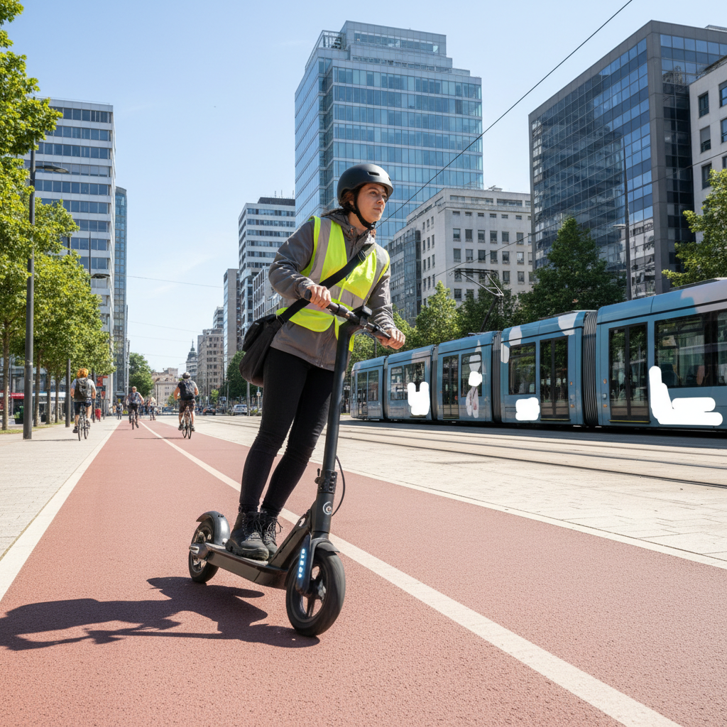 Une personne casquée sur une trottinette électrique, roulant sur une piste cyclable moderne, avec des bâtiments urbains en arrière-plan, symbolisant la mobilité urbaine du futur.