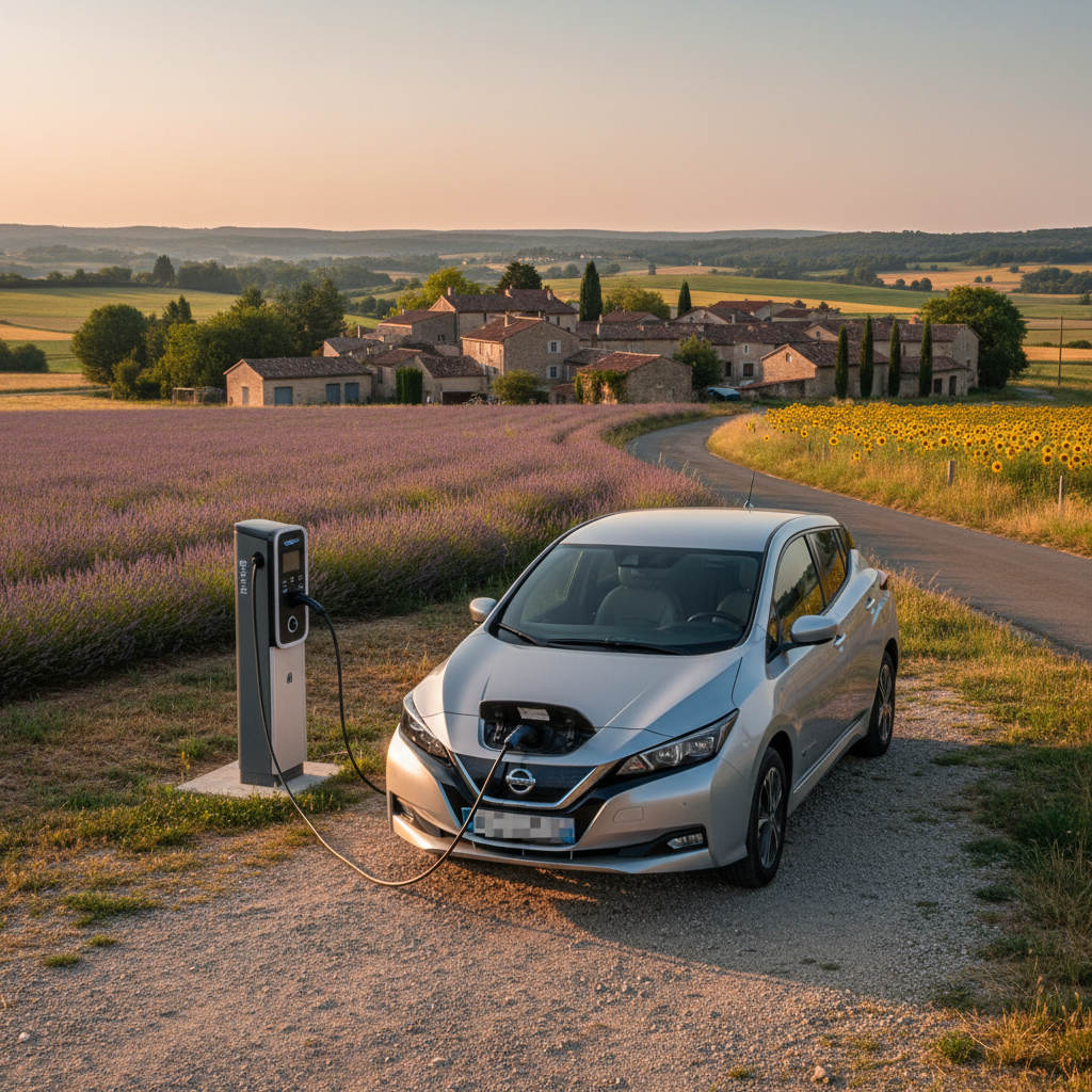 Une voiture électrique en charge dans un environnement rural français, illustrant le manque d'infrastructures de recharge en dehors des grandes villes.