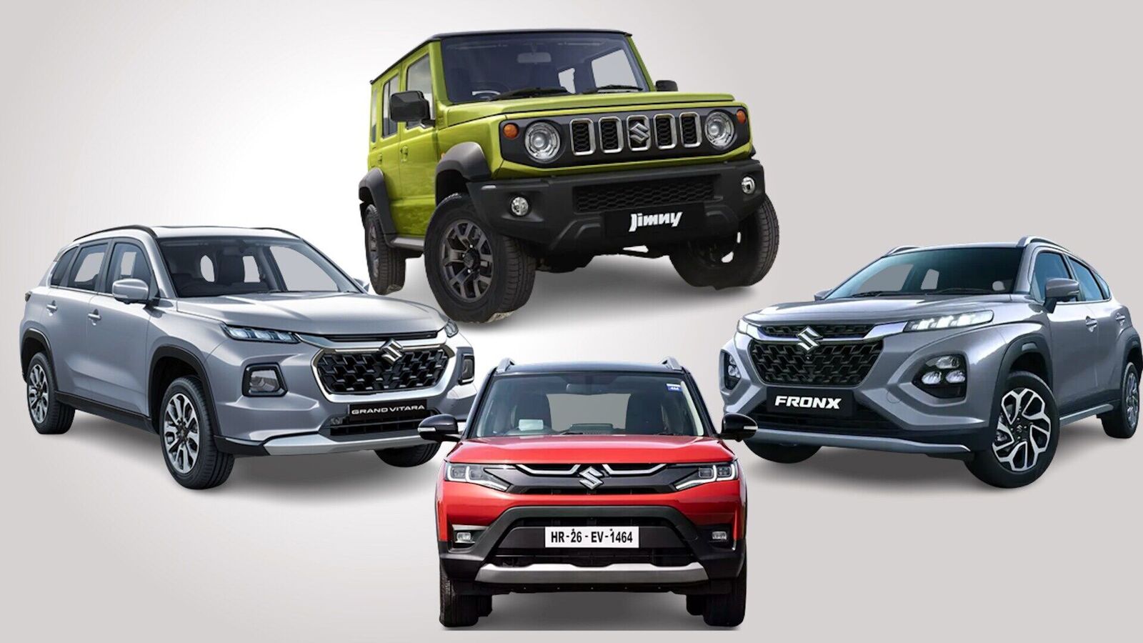Trois SUV Maruti Suzuki (Grand Vitara, Fronx, Jimny) garés en extérieur.