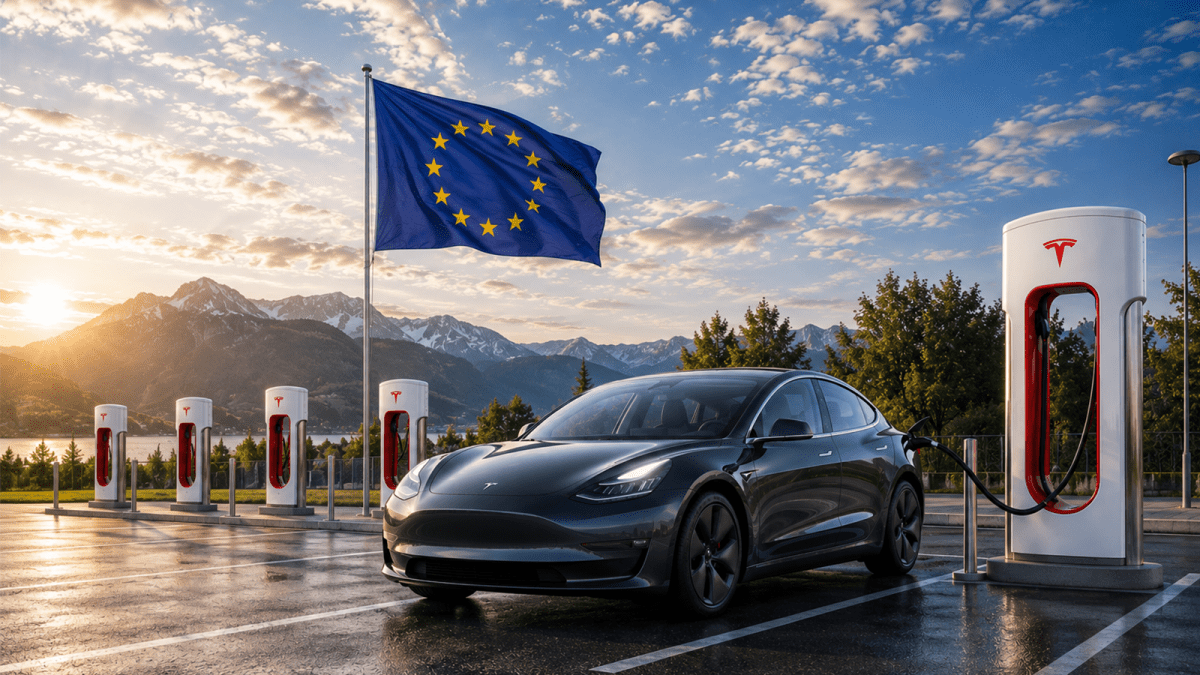 Une Tesla Model 3 blanche est connectée à une borne de recharge rapide dans une rue européenne animée. Des bâtiments historiques et des passants flânent en arrière-plan.