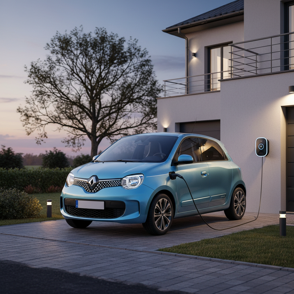 Une voiture électrique blanche est garée dans une allée et est branchée à une borne de recharge murale, avec une maison moderne en arrière-plan.