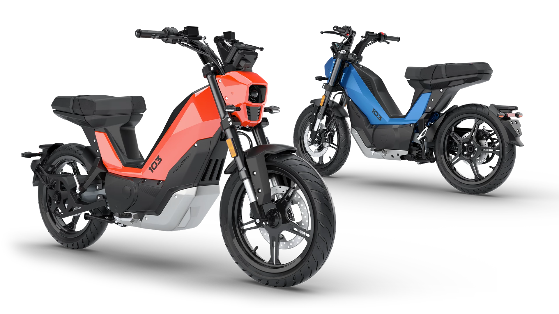 Un scooter électrique Peugeot 103 moderne et élégant, en mouvement dans un environnement urbain dynamique.
