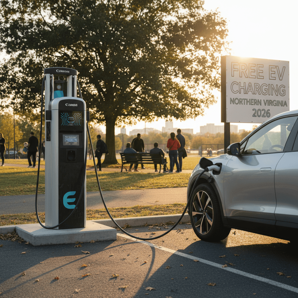 Une voiture électrique moderne en charge à une borne publique, avec l'année 2026 affichée sur un écran.