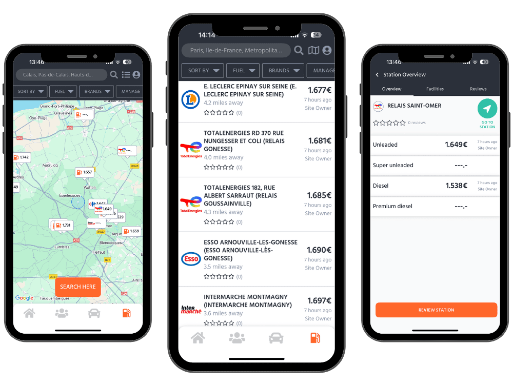 Un écran de smartphone affichant une application de comparaison des prix du carburant en France, montrant différentes stations-service avec leurs prix du diesel.
