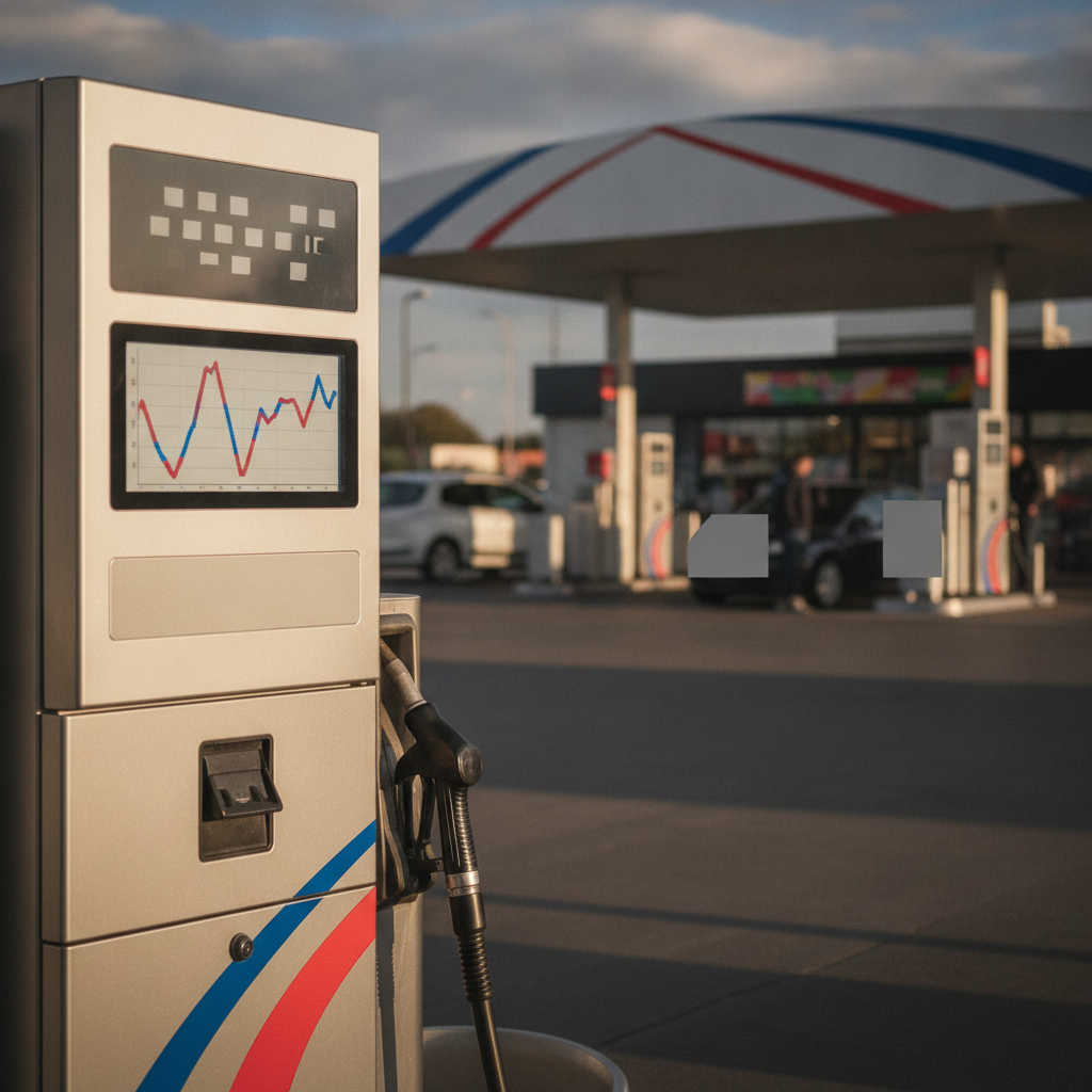 Une pompe à essence en France avec un affichage numérique montrant les prix fluctuants du diesel et un graphique superposé indiquant les changements de prix au fil du temps.