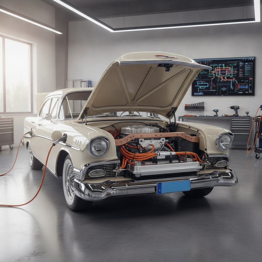 Image d'une voiture classique en cours de conversion électrique dans un atelier, avec le moteur thermique remplacé par des composants électriques.
