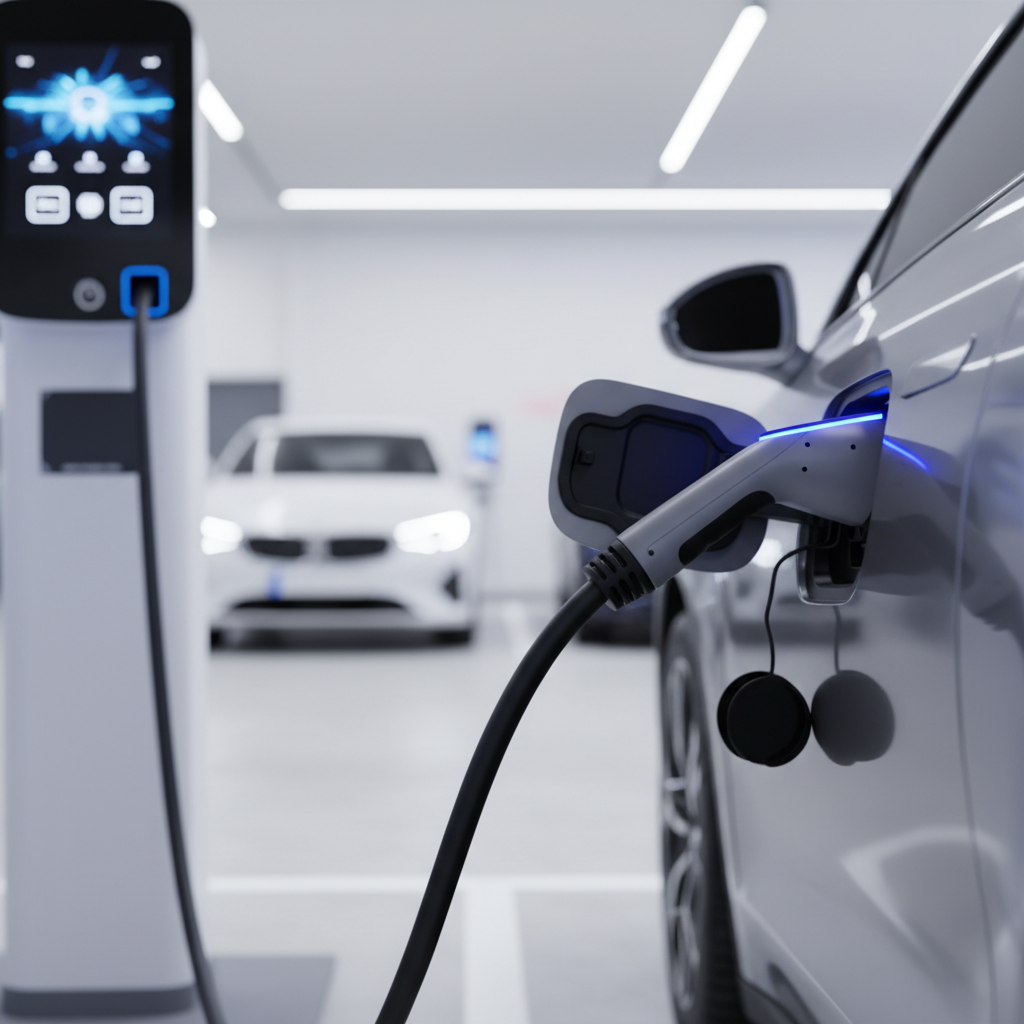 Une voiture électrique branchée à une borne de recharge rapide, avec des indicateurs lumineux montrant la charge en cours.