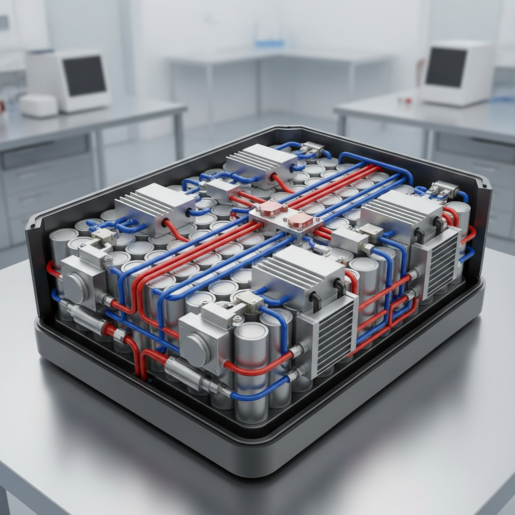 Vue éclatée d'une batterie de voiture électrique montrant le système de refroidissement liquide.