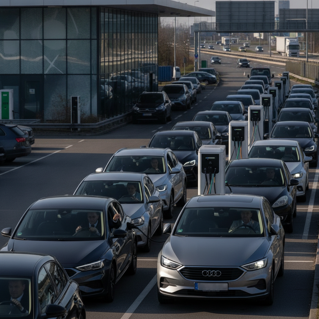 Une file de voitures électriques patiente devant des bornes de recharge, soulignant les problèmes de temps d'attente.