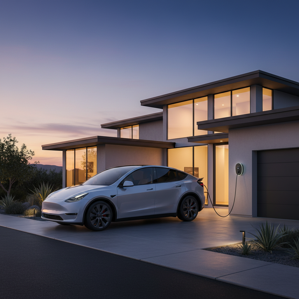 Une voiture électrique est connectée à une maison par un câble de recharge bidirectionnel, symbolisant l'alimentation électrique de la maison par le véhicule.