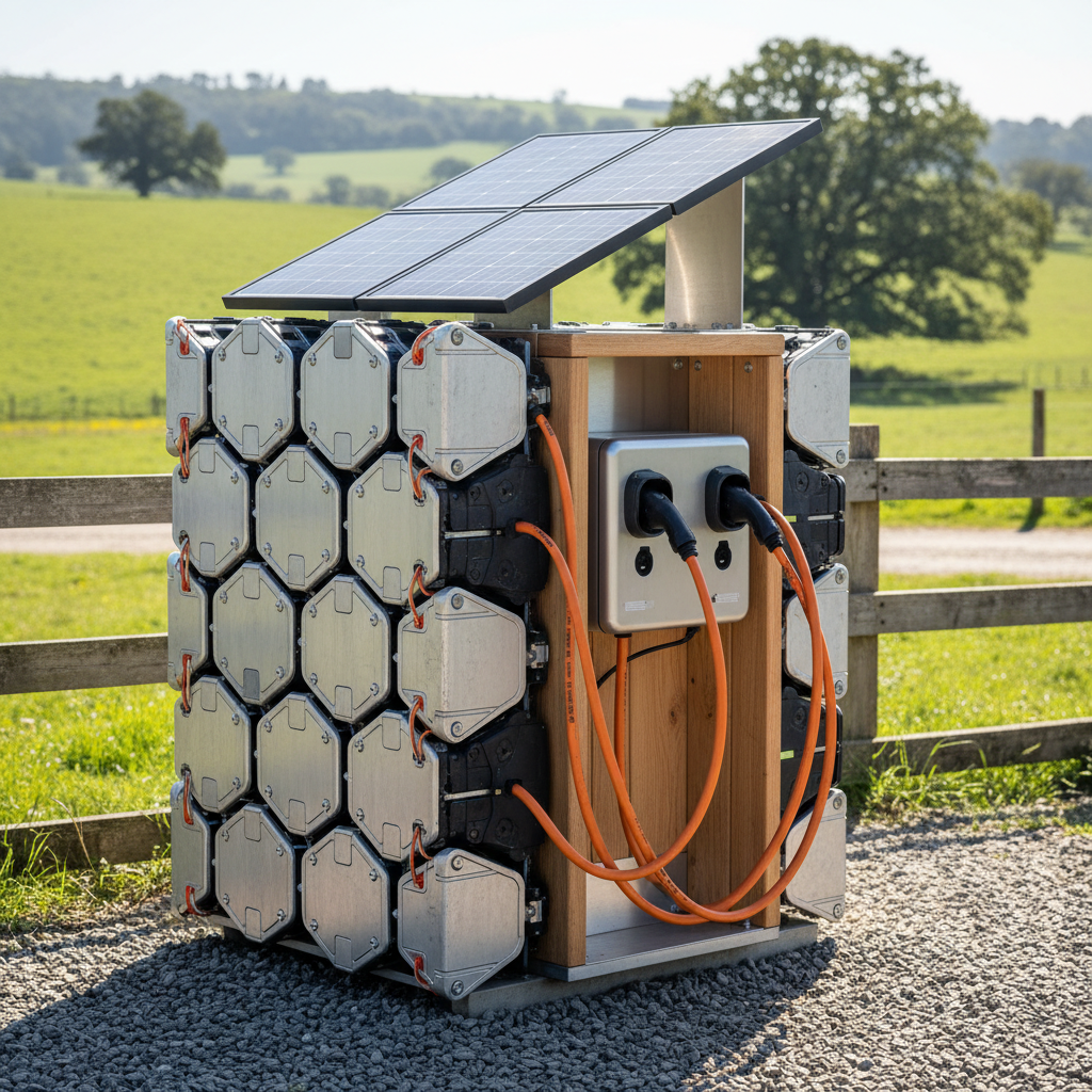 Un système de stockage d'énergie composé de batteries de seconde vie, alimentant une borne de recharge dans un environnement rural.
