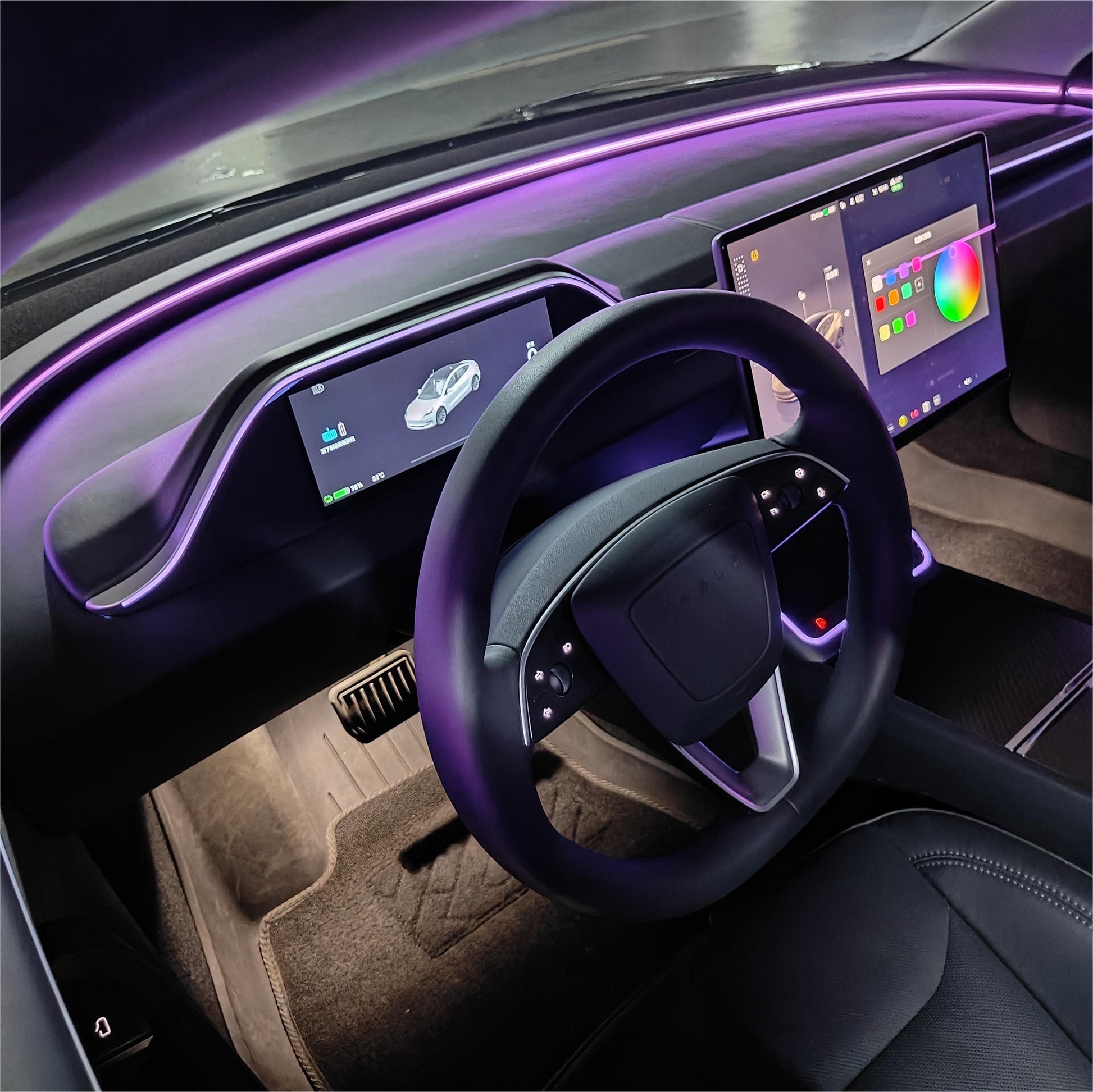 Tableau de bord intérieur d'une Tesla Model 3 Highland 2026, avec un gros plan sur l'écran tactile central affichant une interface minimaliste.