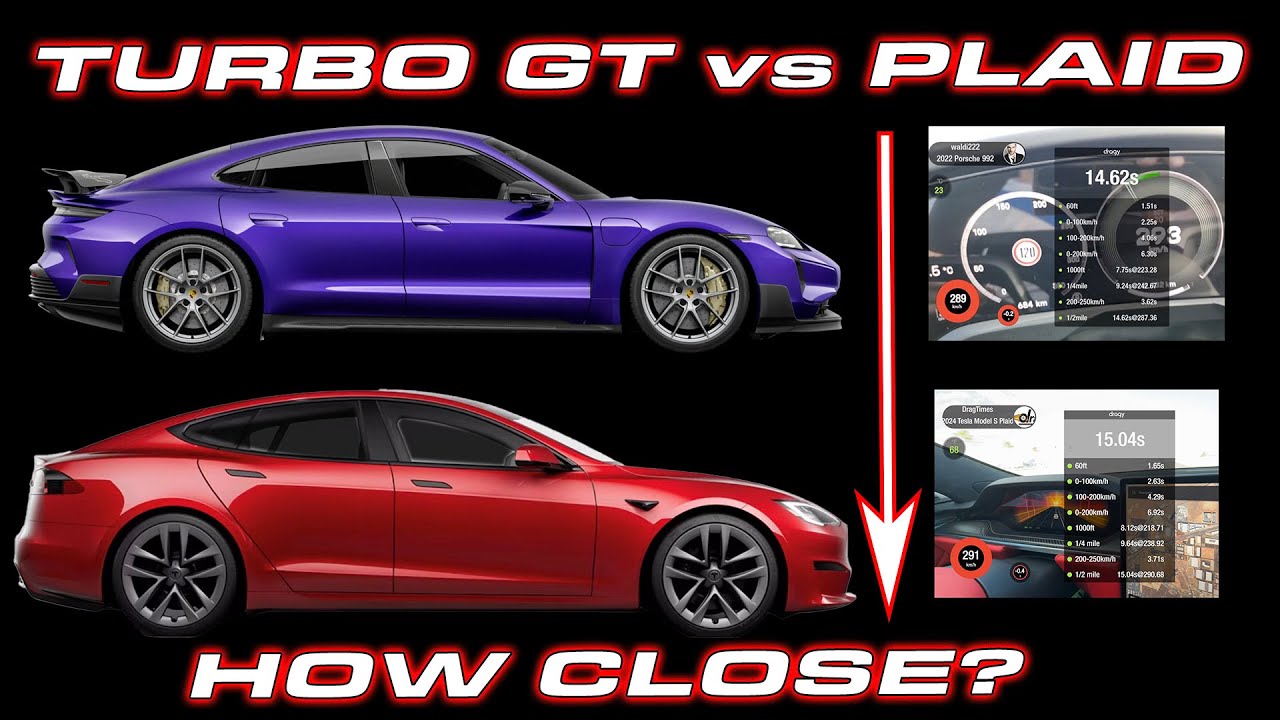 Une Tesla Model S Plaid et une Porsche Taycan Turbo garées côte à côte, mettant en valeur leurs designs distinctifs.