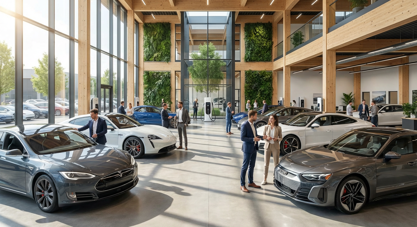 Vue d'ensemble d'un concessionnaire de voitures électriques de luxe d'occasion en 2026, avec plusieurs modèles haut de gamme exposés.