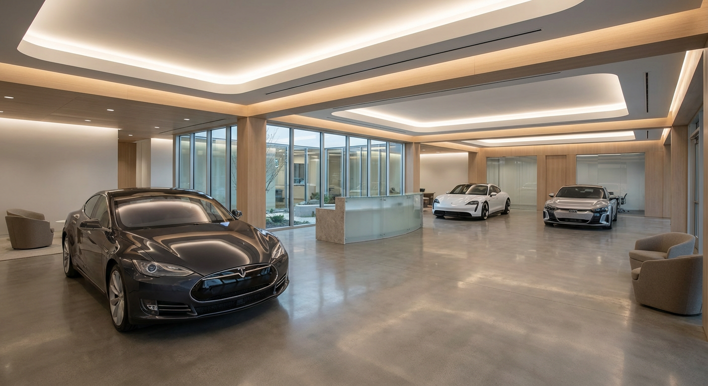 Un showroom moderne et élégant en 2026, exposant des voitures électriques de luxe d'occasion comme une Tesla Model S et une Porsche Taycan, sous un éclairage doux.