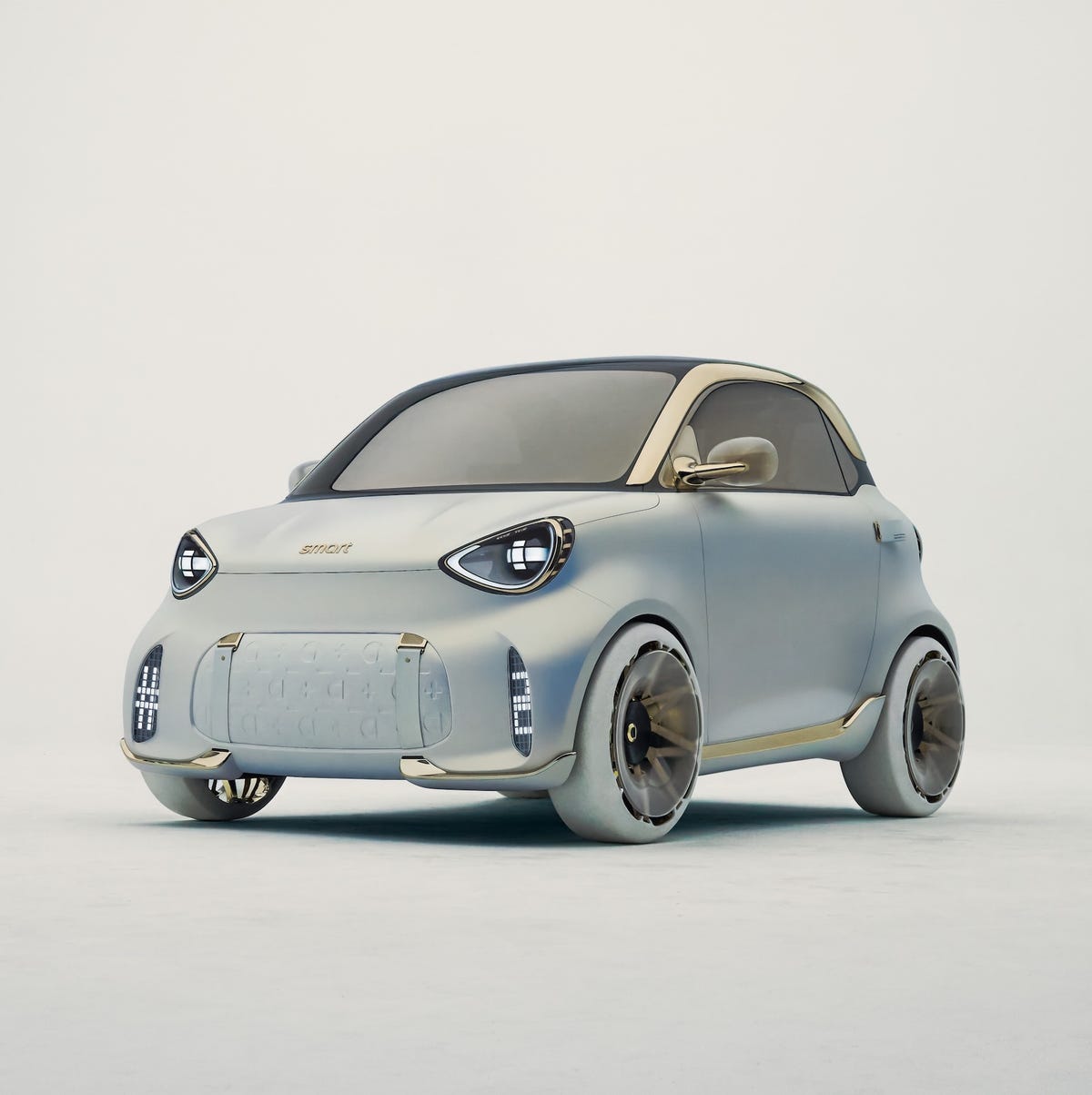 Image du concept car Smart #2, une petite voiture électrique urbaine, avec des lignes modernes et des phares LED, garée dans une rue de ville futuriste au crépuscule.