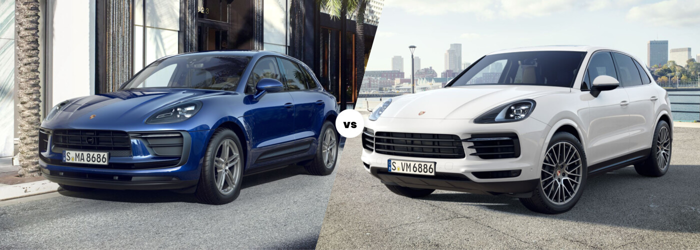 Photographie dynamique des modèles hybrides Porsche Macan et Cayenne sur une route panoramique.