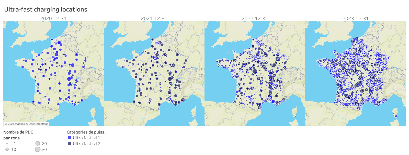 Image d'une borne de recharge pour véhicule électrique en France, avec un véhicule en charge, illustrant le développement des infrastructures de recharge.
