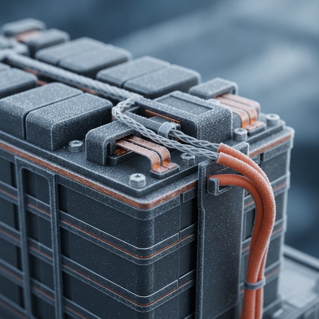 Gros plan sur une batterie de voiture électrique recouverte d'une légère couche de givre, symbolisant l'impact du froid sur ses performances.
