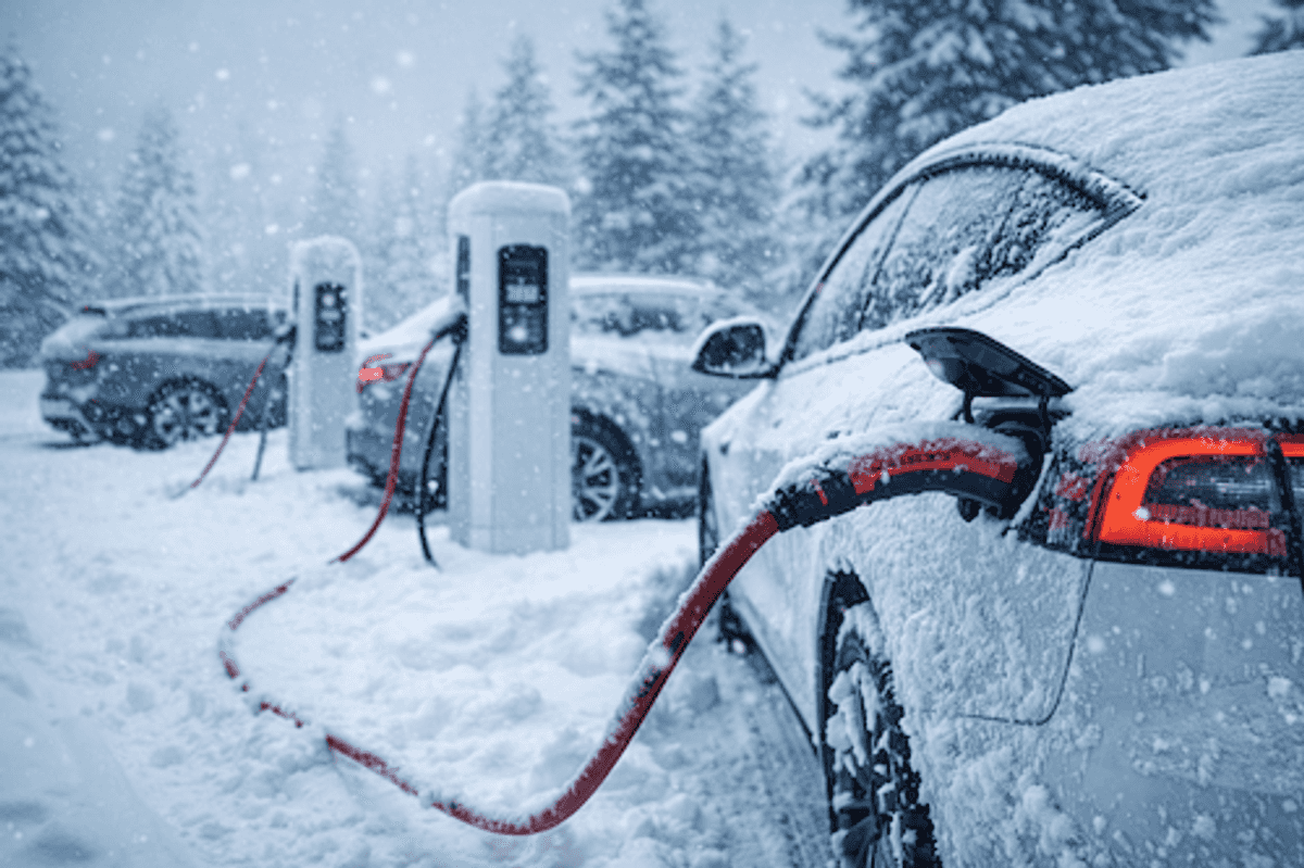 Une voiture électrique branchée à une borne de recharge par temps enneigé, avec de la vapeur s'échappant subtilement, indiquant le préconditionnement.