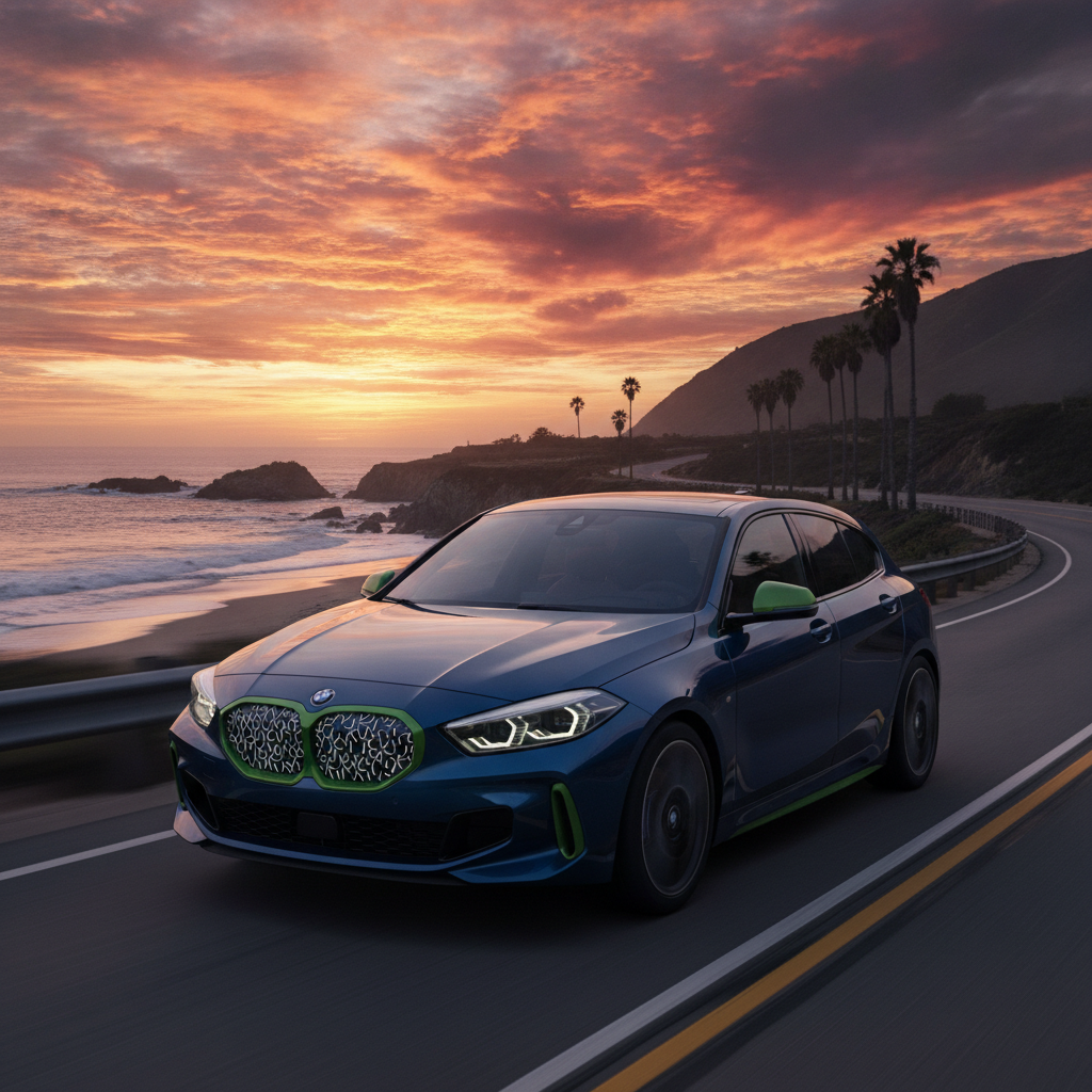 Une BMW Série 1 électrique de couleur vive, en mouvement sur une route côtière sinueuse au coucher du soleil, avec l'océan en arrière-plan.