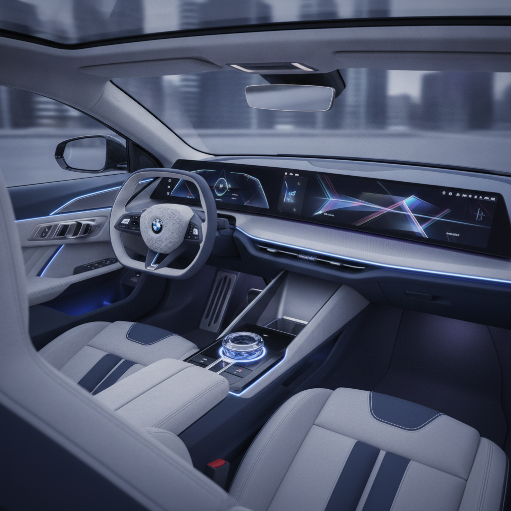 Vue de l'intérieur d'une BMW Série 1 électrique, mettant en avant le grand écran incurvé du système Panoramic iDrive et un tableau de bord épuré.