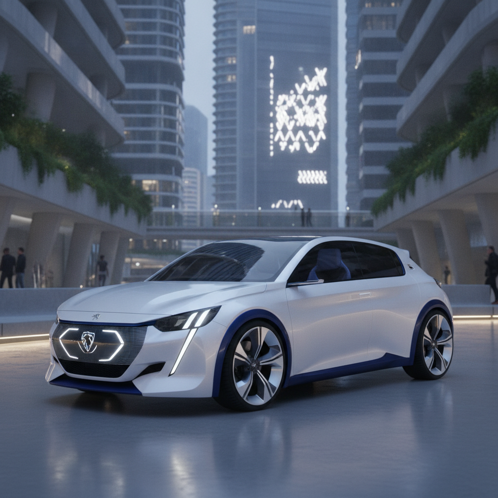 Image conceptuelle d'une Peugeot 208 électrique futuriste, avec des lignes épurées et un design moderne, dans un environnement urbain.