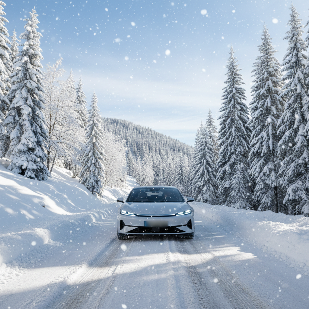 Une voiture électrique roule calmement sur une route enneigée, symbolisant une conduite souple et efficace pour économiser l'énergie en hiver.