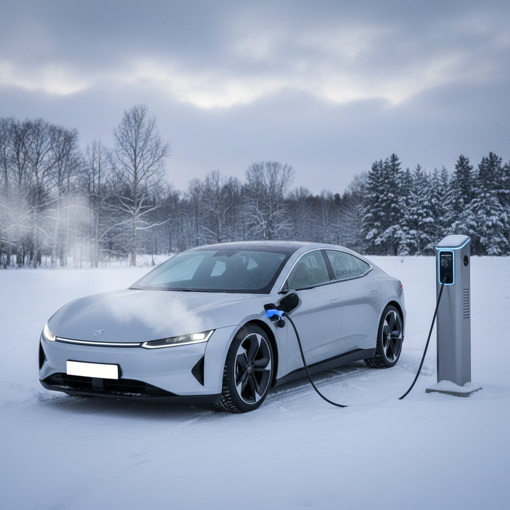 Une voiture électrique blanche est branchée à une borne de recharge dans un paysage enneigé, avec de la vapeur s'échappant de la voiture, illustrant le préchauffage par temps froid.