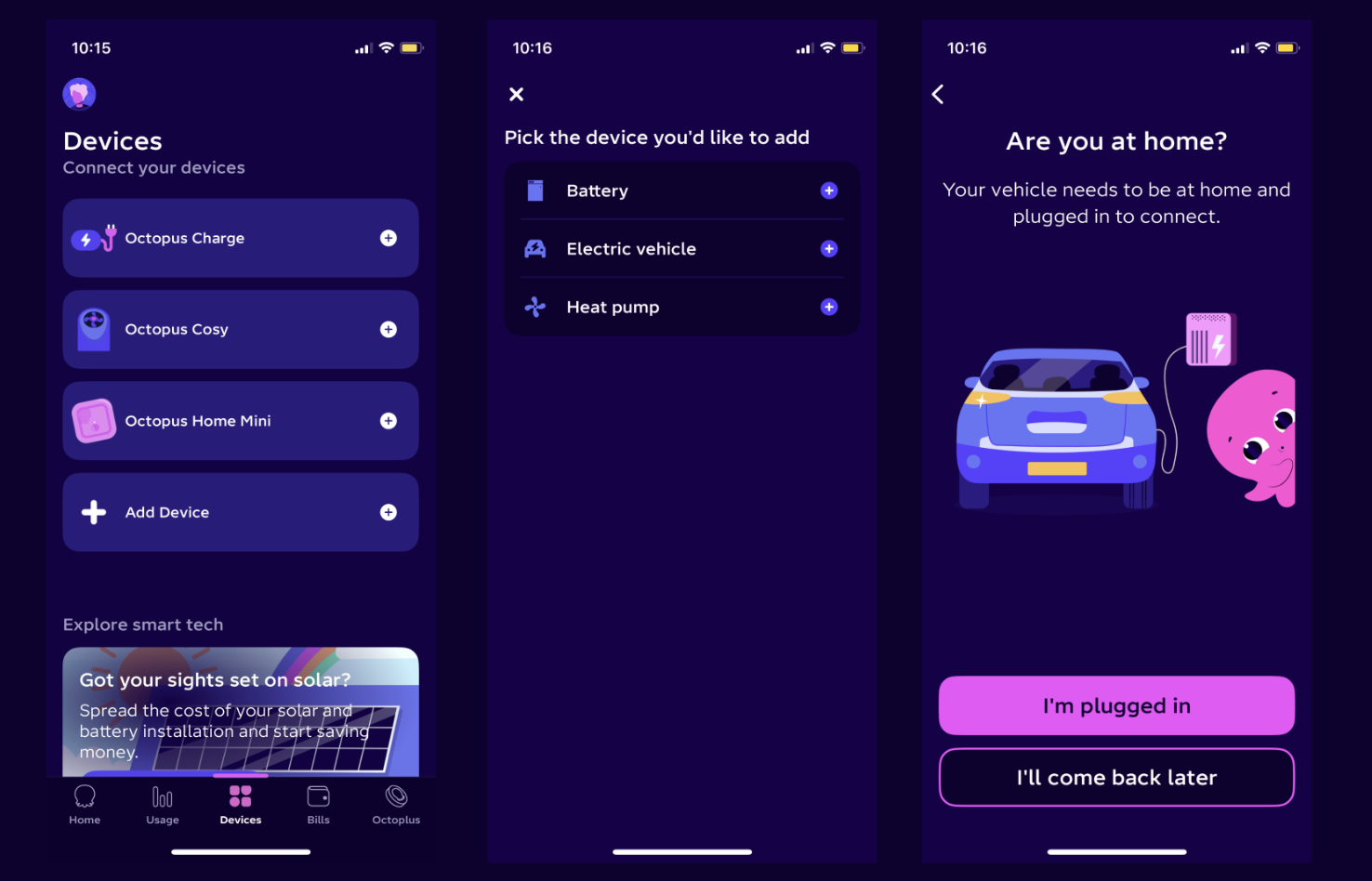 Une voiture électrique est en charge à domicile, avec un smartphone affichant l'application Octopus Energy au premier plan.