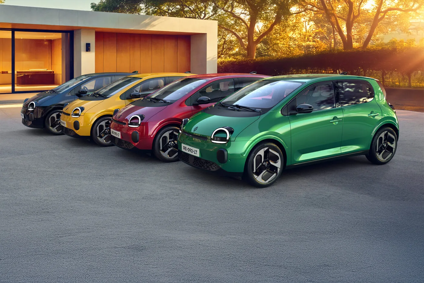 Un concept-car de la nouvelle Renault Twingo électrique, dans un environnement urbain futuriste, mettant en avant son design compact et élégant.