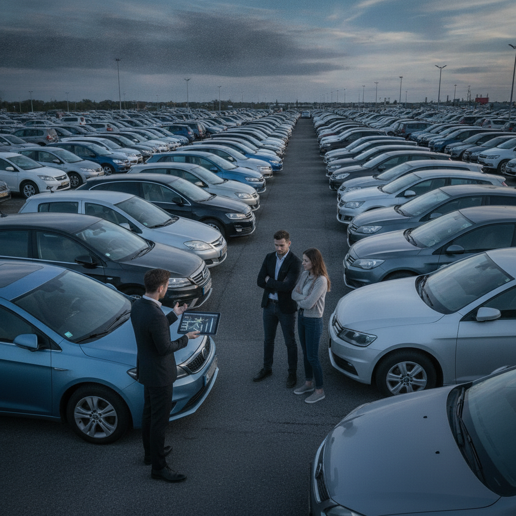 Un parc automobile d'occasion avec un mélange de voitures récentes et plus anciennes. Un vendeur discute avec un couple, soulignant l'incertitude du marché.