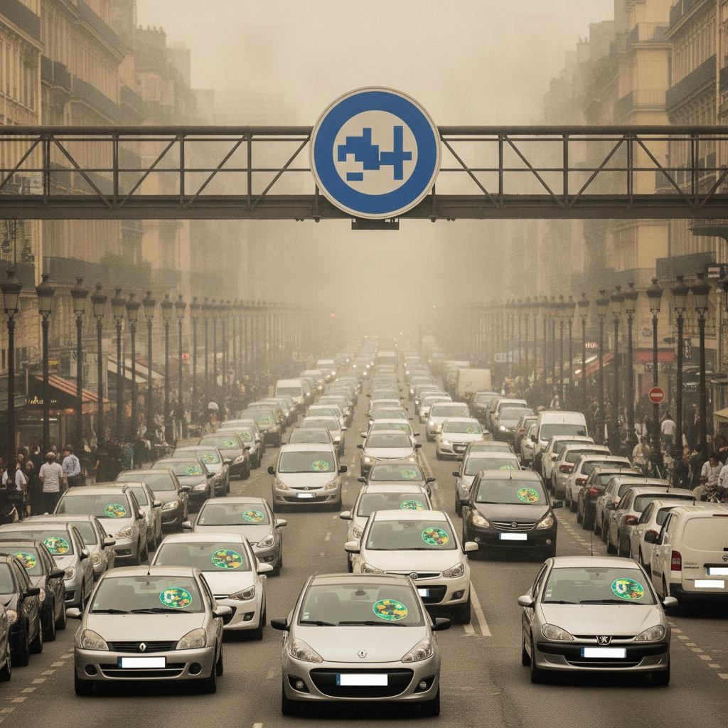 Une rue animée dans une ville française avec un panneau indiquant une zone à faibles émissions. Des voitures de différentes époques sont visibles, certaines avec des vignettes Crit'Air.
